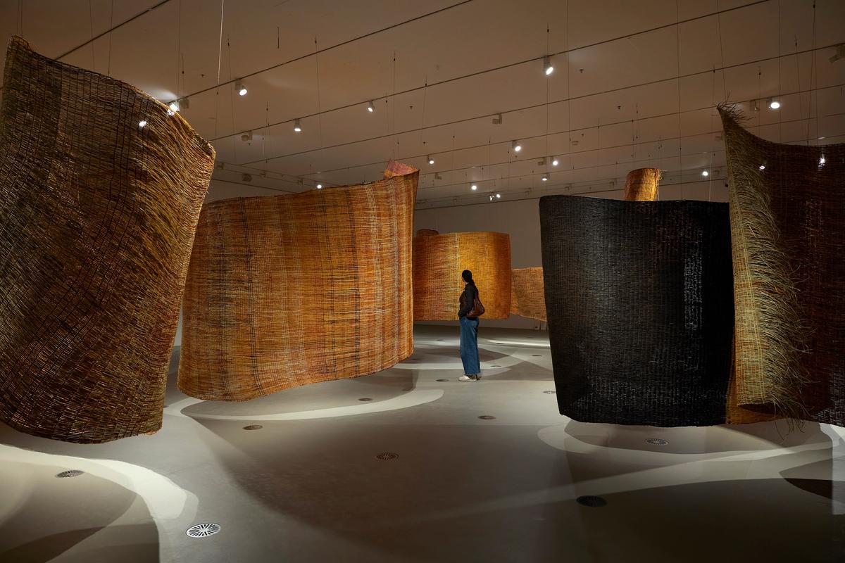 Installation view of Mun-dirra, a collaborative work by artists from the Maningrida Arts Centre work on display in NGV Triennial until 7 April 2024 at NGV International, Melbourne. Photo: Sean Fennessy