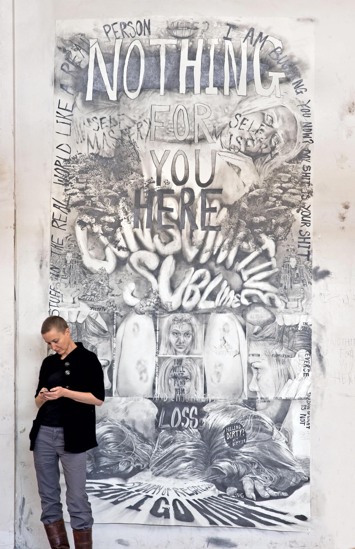 Kaari Upson in her studio, in front of her drawing Consumptive Sublime (2012) © Kaari Upson; courtesy of the artist