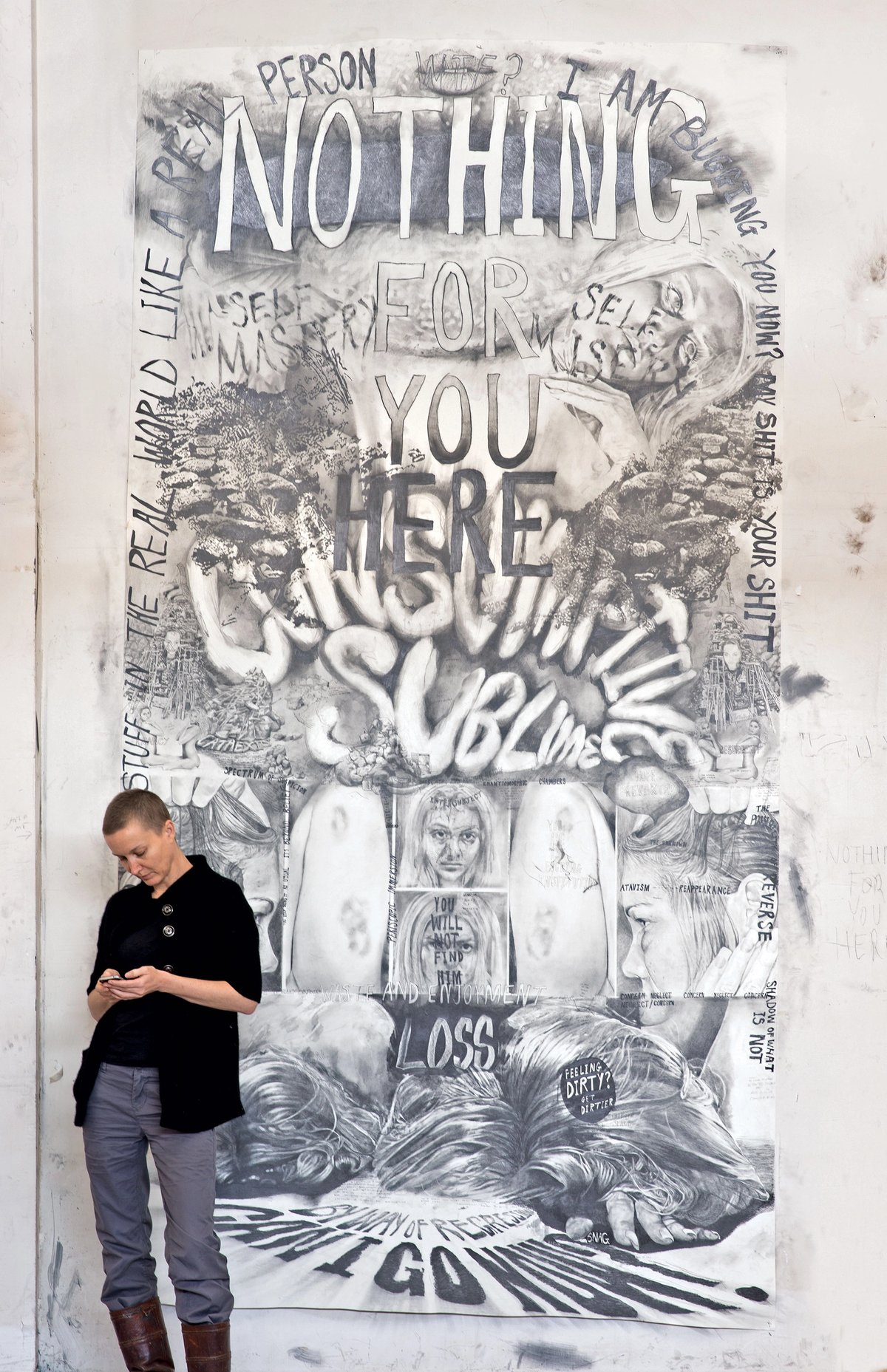 Kaari Upson in her studio, in front of her drawing Consumptive Sublime (2012) © Kaari Upson; courtesy of the artist