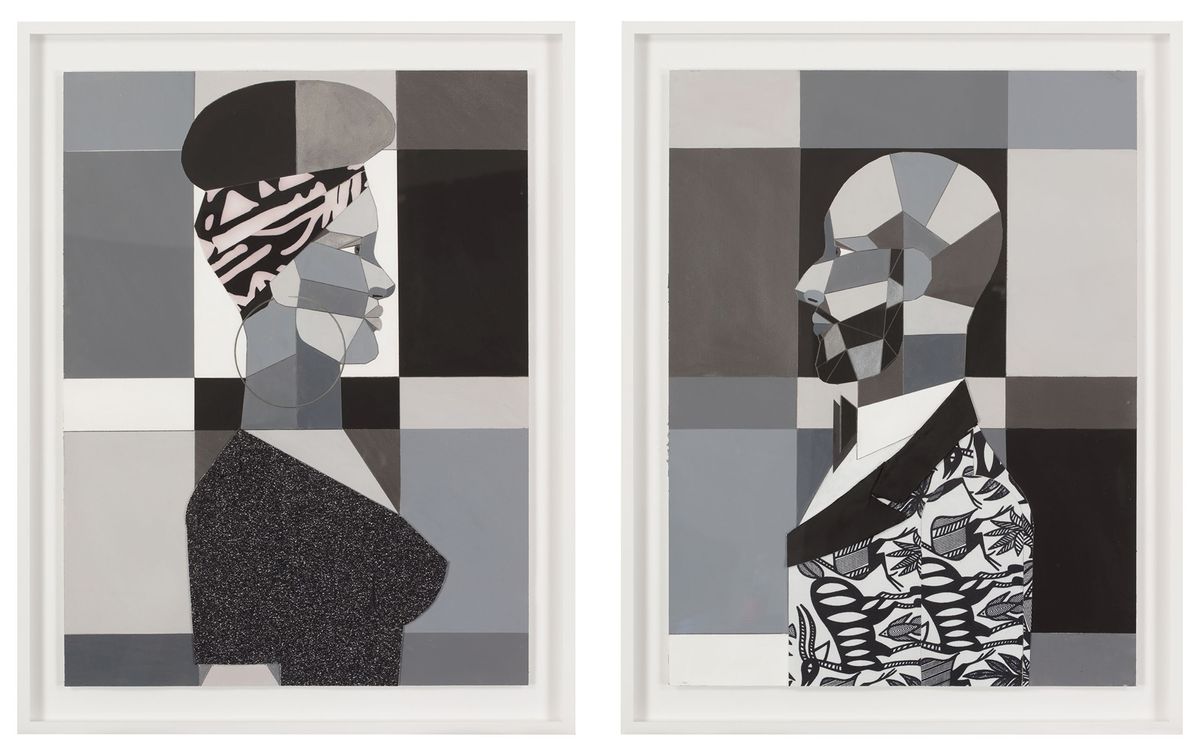 Left: Derrick Adams, Woman in Grayscale (Alicia), 2017. Right: Derrick Adams, Man in Grayscale (Swizz), 2017. Both works from the Dean Collection, courtesy of Swizz Beatz and Alicia Keys. © 2023 Derrick Adams Studio. Photo: Glenn Steigelman