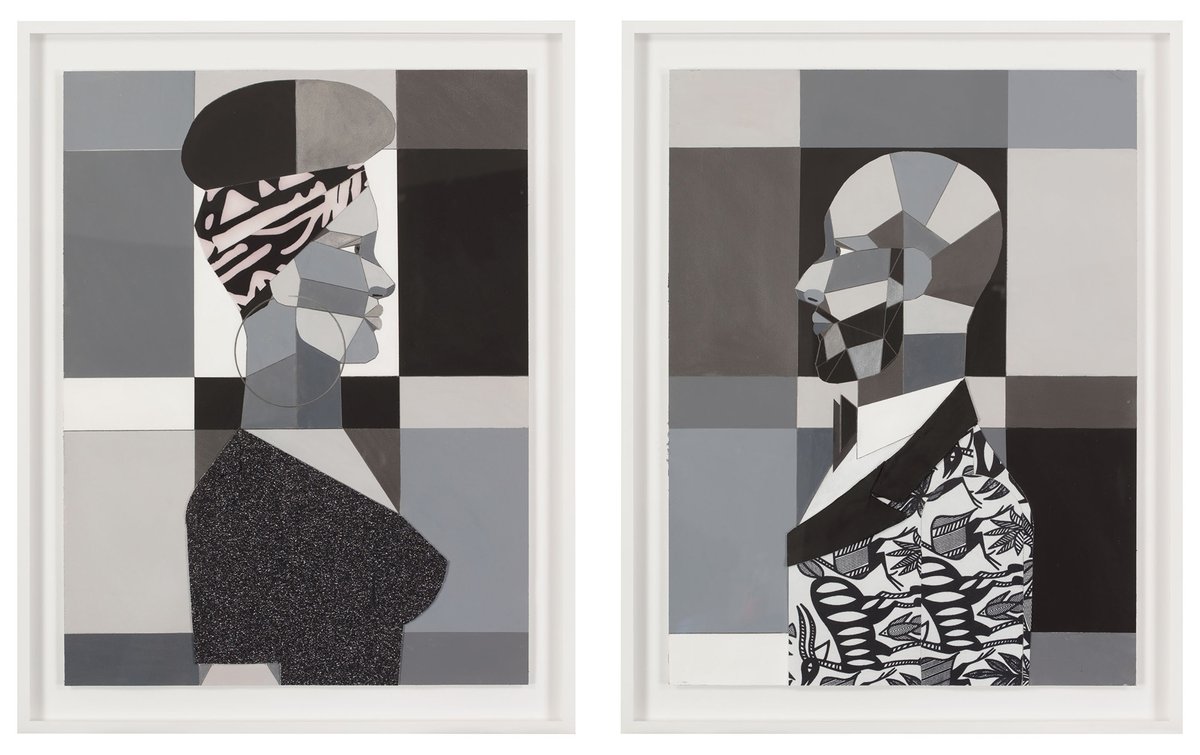 Left: Derrick Adams, Woman in Grayscale (Alicia), 2017. Right: Derrick Adams, Man in Grayscale (Swizz), 2017. Both works from the Dean Collection, courtesy of Swizz Beatz and Alicia Keys. © 2023 Derrick Adams Studio. Photo: Glenn Steigelman