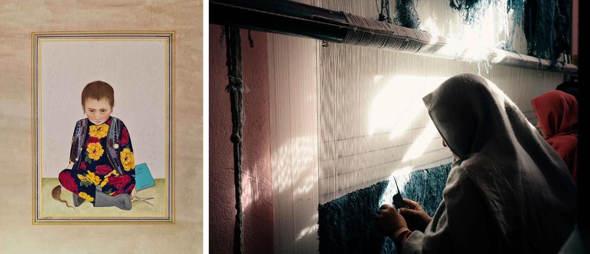 Left: Homa Fakhrodin, Afghan Girl. Right: women carpet weavers in Bamiyan, in central Afghanistan
Fakhrodin: Courtesy of the artist. Bamiyan: Photo: Lorenzo Tugnoli
