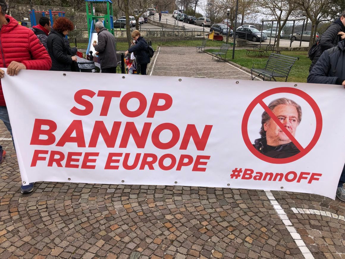 Protesters in Collepardo, Italy, protest against Steve Bannon and his initiative to create a populist academy in the Trisulti monastery © Giada Zampano