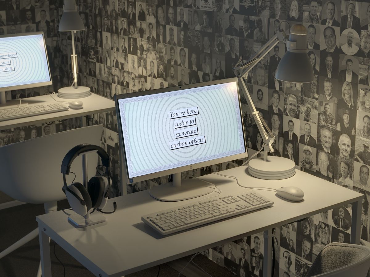 Installation view of Tega Brain and Sam Lavigne: How To Get To Zero at Pioneer Works featuring Tega Brain and Sam Lavigne, Cold Call, 2023 Courtesy of the artists and Pioneer Works. Photo by Dan Bradica Studio