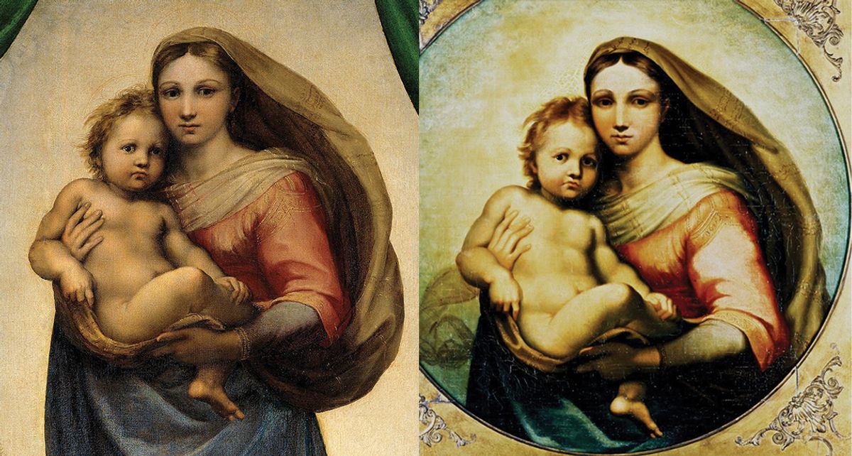 Earlier this year, two UK universities used AI-assisted, computer-based facial recognition to conclude that the faces in the work known as The De Brécy Tondo (right) were identical to those in a Raphael painting, the Sistine Madonna (left, around 1513) Sistine Madonna: Gemäldegalerie Alte Meister. De Brécy Tondo: Courtesy of the University of Nottingham