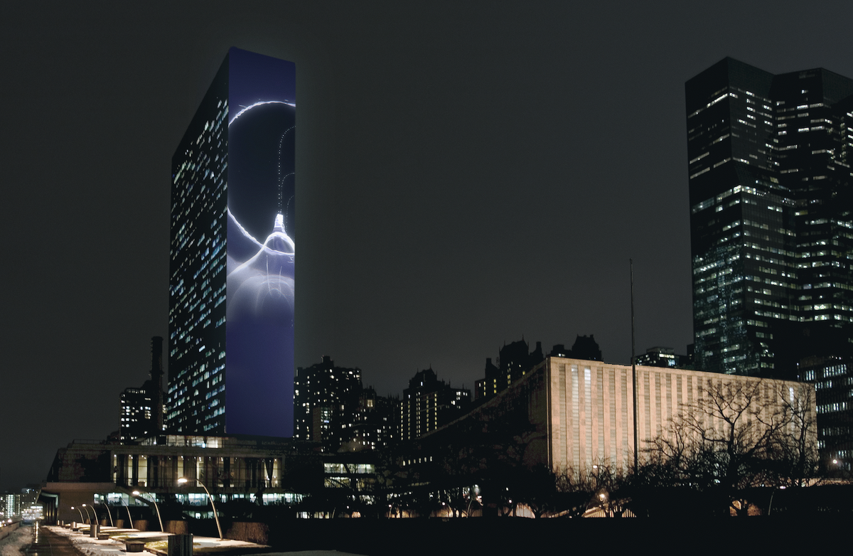 Rendering of Superflex's Vertical Migration (2021) Background image by UN Photo/Eskinder Debebe. Rendering by Superflex.