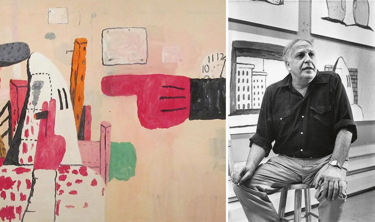 Left, a detail of Philip Guston’s Courtroom (1970); right, Guston in his Woodstock studio in 1970 Guston portrait: Frank R. Lloyd; artwork photo: Flickr
