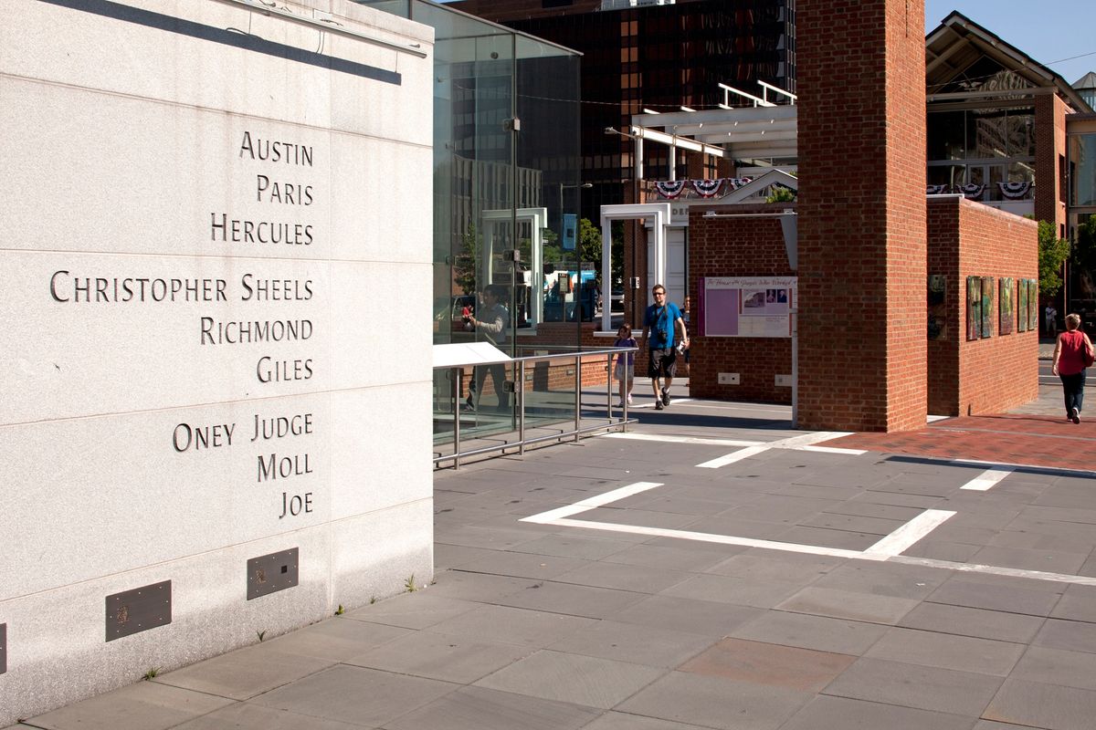 A memorial wall at the President's House Site in Independence National Historical Park in Philadelphia features the names of nine enslaved people who lived at the site in George Washington's household NPS photo. Photograph by Joseph E.B. Elliott.