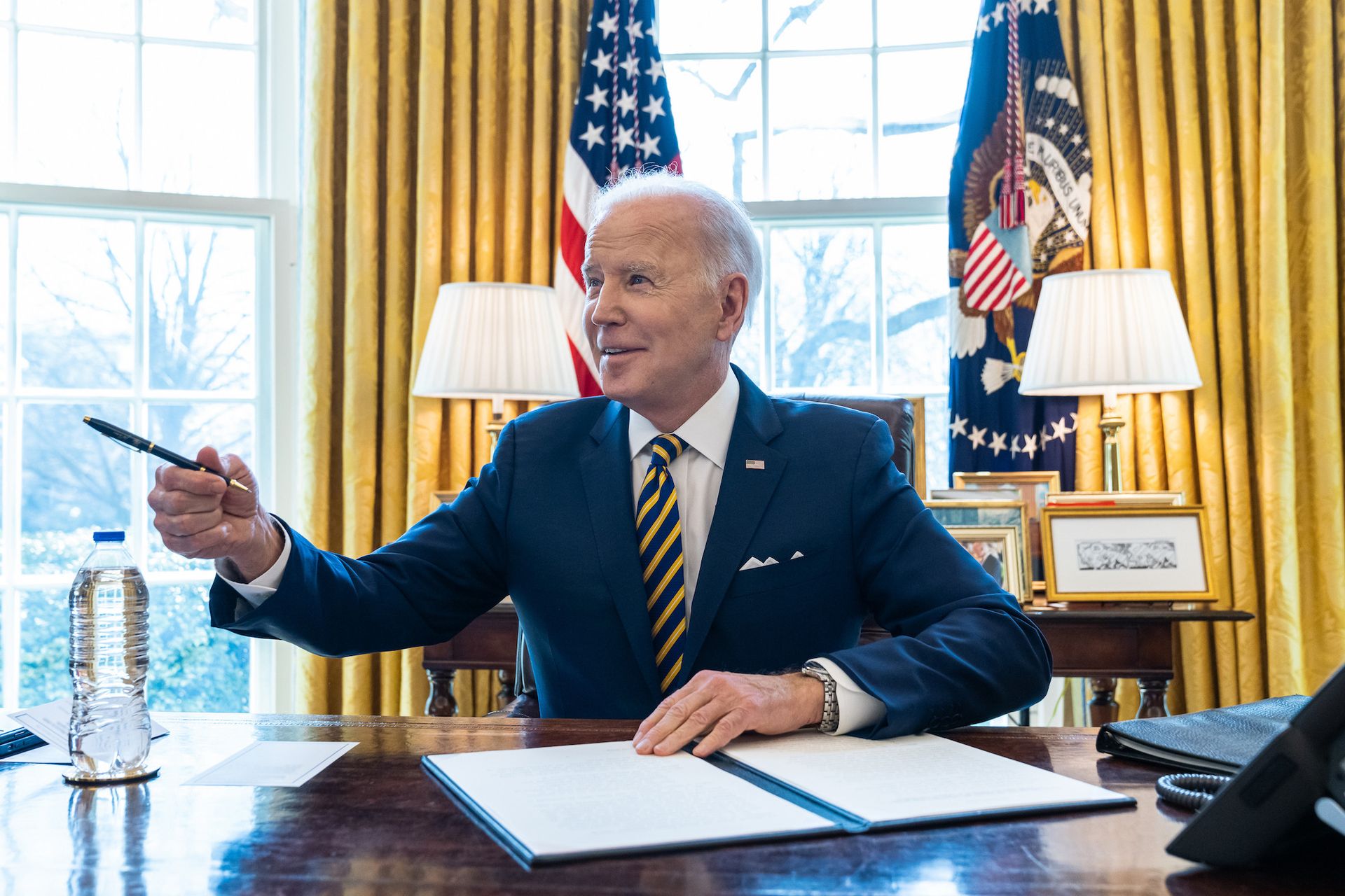 US president Joseph R. Biden in the Oval Office on 8 March 2022 Official White House Photo by Cameron Smith, via Flickr