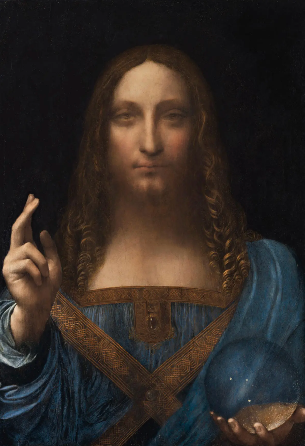 The Salvator Mundi, attributed to Leonardo da Vinci and/or associates; formerly in the Cook collection, currently in the collection of Mohammed bin Salman Al Saud (MBS), Crown Prince of Saudi Arabia. (Sometimes called the Cook Salvator Mundi.)
Image is public domain sourced / access rights from The Picture Art Collection / Alamy Stock Photo