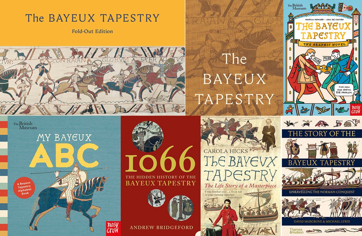 Among the many publications about the Bayeux Tapestry are (clockwise from top left): a fold-out book, a collector’s edition, a graphic novel, two books on the tapestry’s origins and history, a reissued classic, and a book for the under-twos
