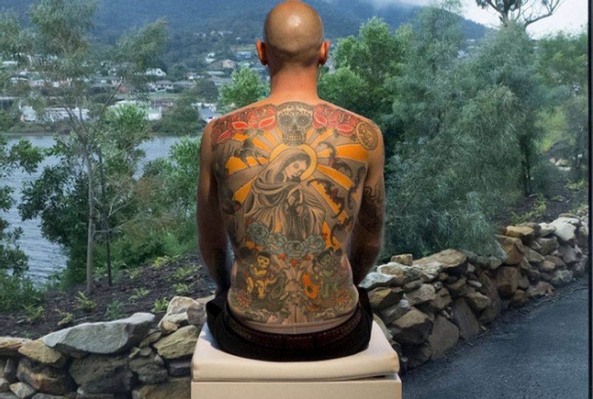 Tim Steiner—the human canvas—was live-streamed from The Museum of Old and New Art (Mona) in Hobart, Tasmania courtesy Wim Delvoye