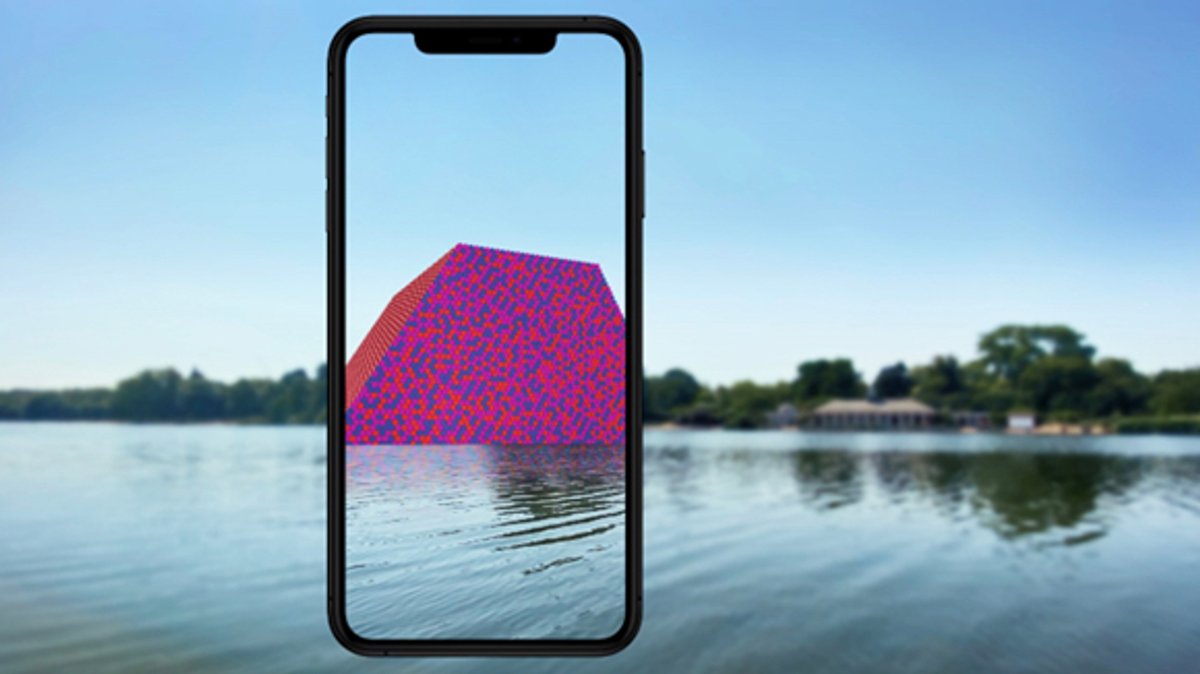 Christo and Jeanne-Claude, still for The London Mastaba AR (Hyde Park), 2020. Courtesy of Acute Art