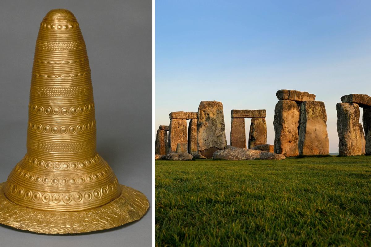 The Schifferstadt gold hat (around 1600 BC, left) which was found near Speyer with three bronze axes Rhineland-Palatinate, Germany, is a highlight in the British Museum's show on Stonehenge (right) Hat: Historisches Museum der Pfalz Speyer; Stonehenge: © English Heritage