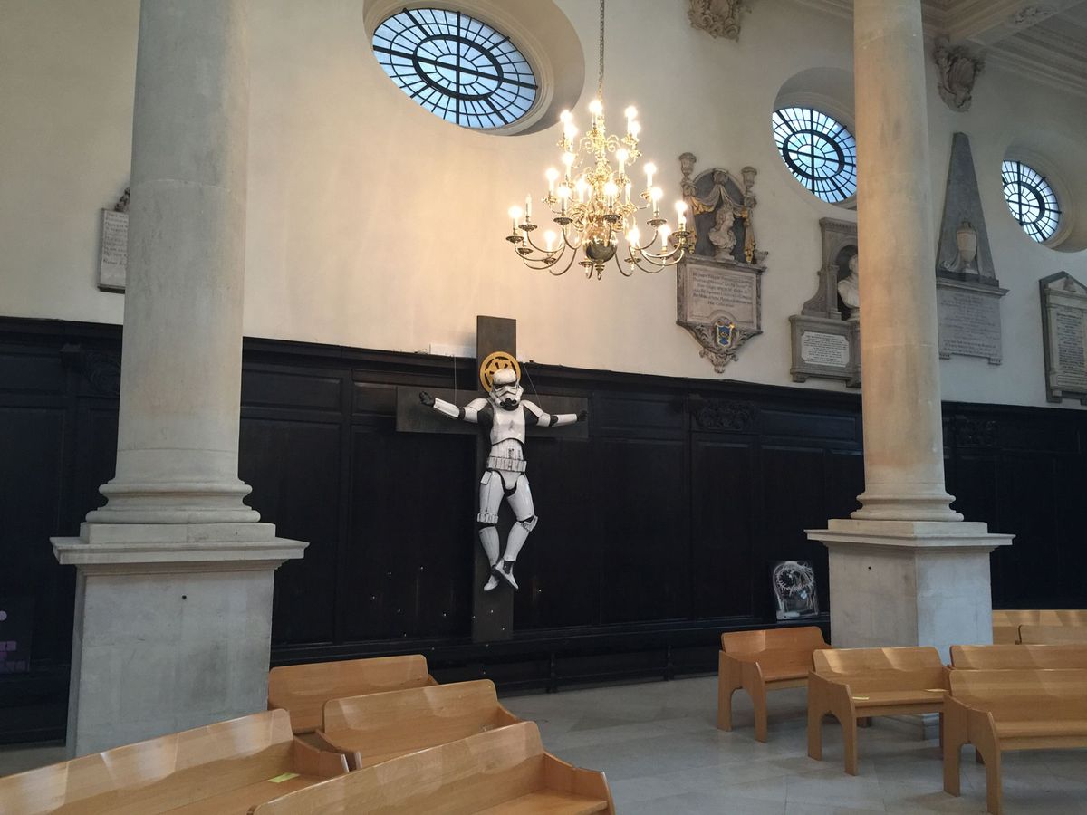 A stormtrooper sits on the cross at St Stephen Walbrook church RYCA and Art Below