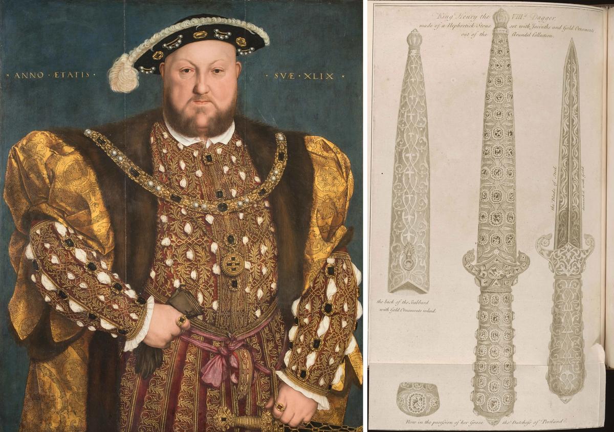 Left: Hans Holbein the Younger, Portrait of Henry VIII (around 1540). Right: An engraving by George Vertue, depicting “Henry the VIII’s dagger’ (1749). 
Henry VIII: Galleria Nazionale d'Arte Antica, Palazzo Barberini, Rome. Dagger: The Lewis Walpole Library, Yale University