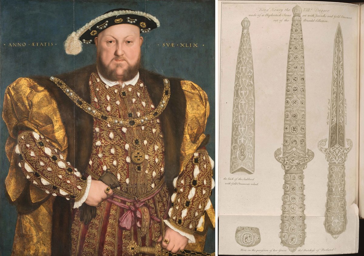 Left: Hans Holbein the Younger, Portrait of Henry VIII (around 1540). Right: An engraving by George Vertue, depicting “Henry the VIII’s dagger’ (1749). 
Henry VIII: Galleria Nazionale d'Arte Antica, Palazzo Barberini, Rome. Dagger: The Lewis Walpole Library, Yale University
