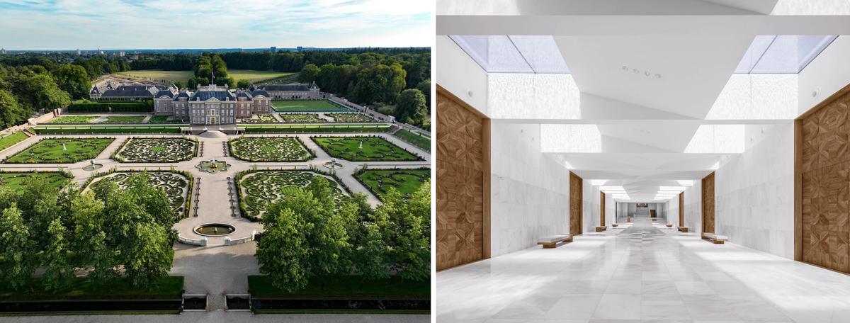 The 17th-century Paleis Het Loo (left) has added a 5,000 sq. m underground extension (right) that includes a new entrance hall, restaurants and exhibition spaces Photo: Paleis Het Loo / Simon Menges