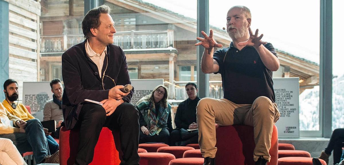 Douglas Coupland and Daniel Birnbaum during the 2018 Verbier Art Summit 2018 Verbier Art Summit. Photograph Frederik Jacobovits