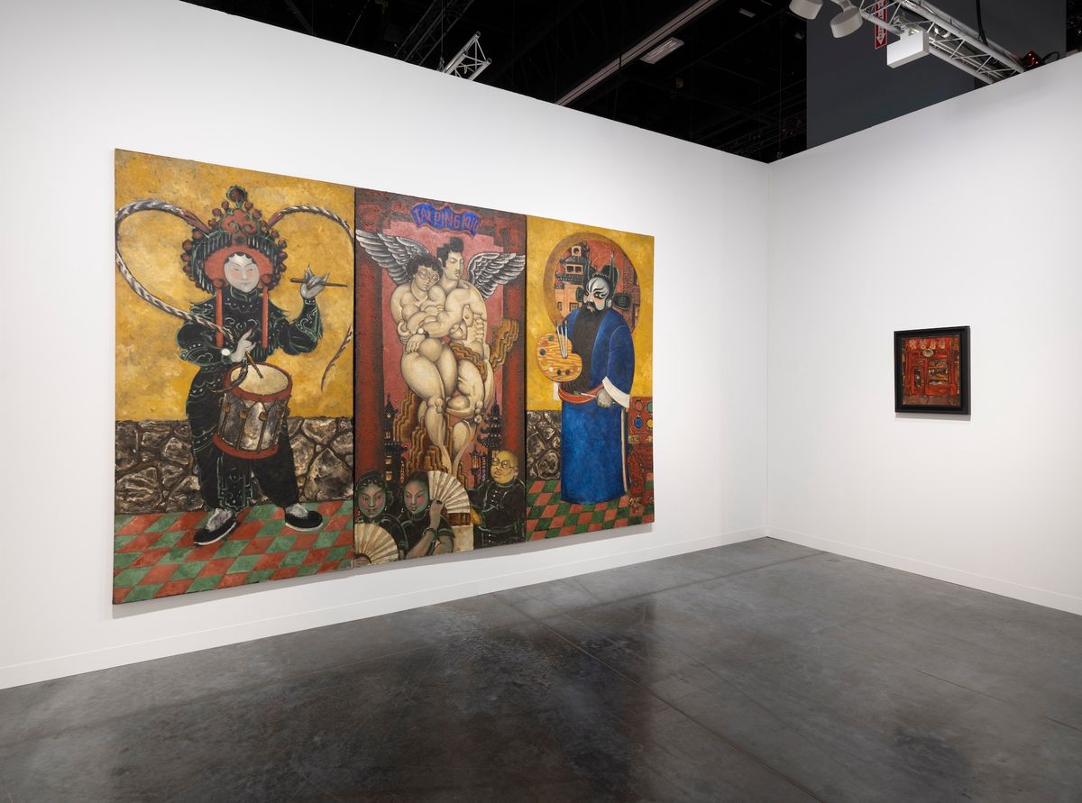 Installation view of PPOW's stand at Art Basel Miami Beach featuring Martin Wong's Tai Ping Tien Kuo (Tai Ping Kuo) (1982) at left and Store Front, Chinatown SF (around 1976) at right Photo by Adam Reich, courtesy PPOW