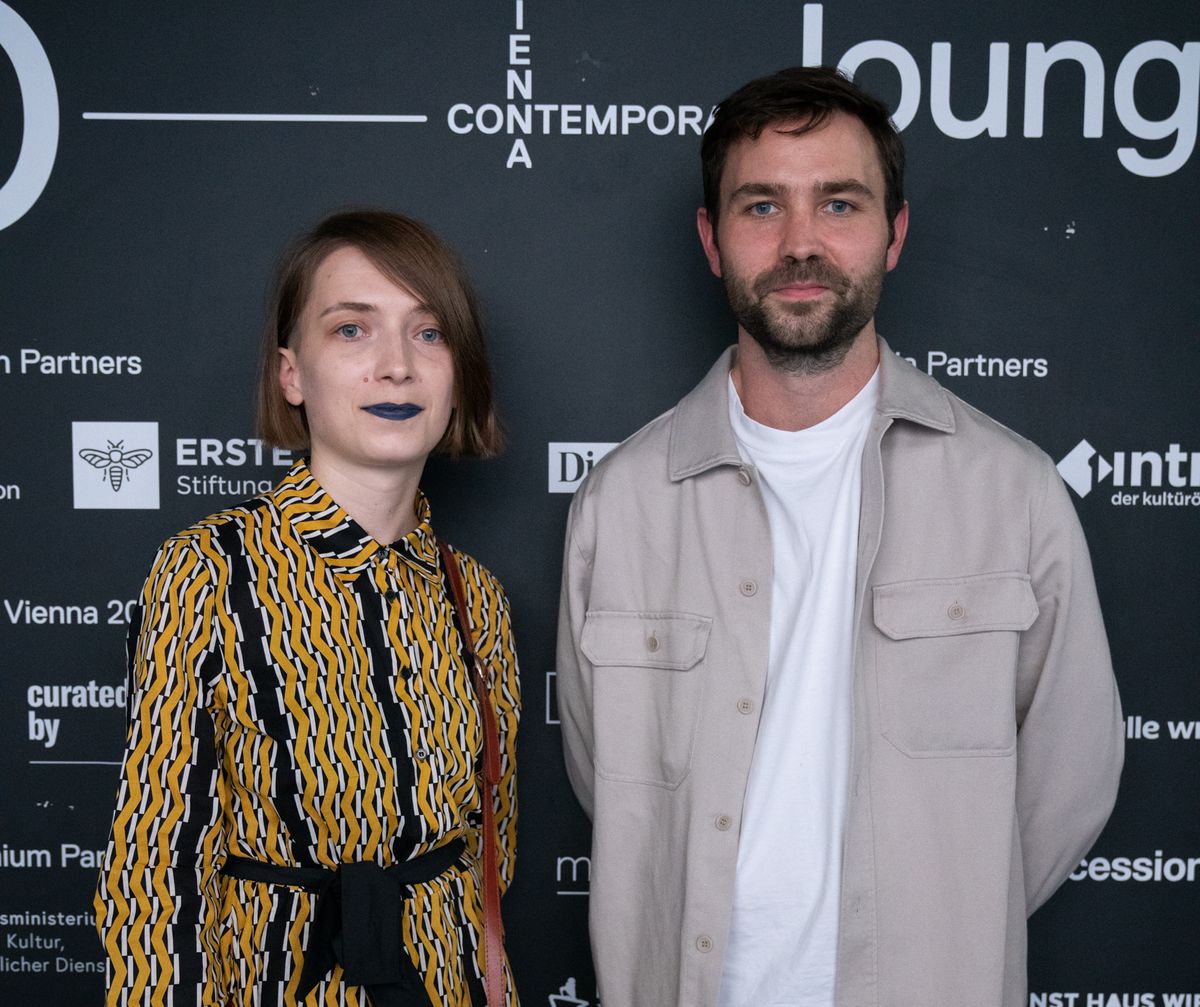 Anastasia Spirenkova of the group Agitatsia group and Theo Merz at the Russian Art Focus Prize ceremony