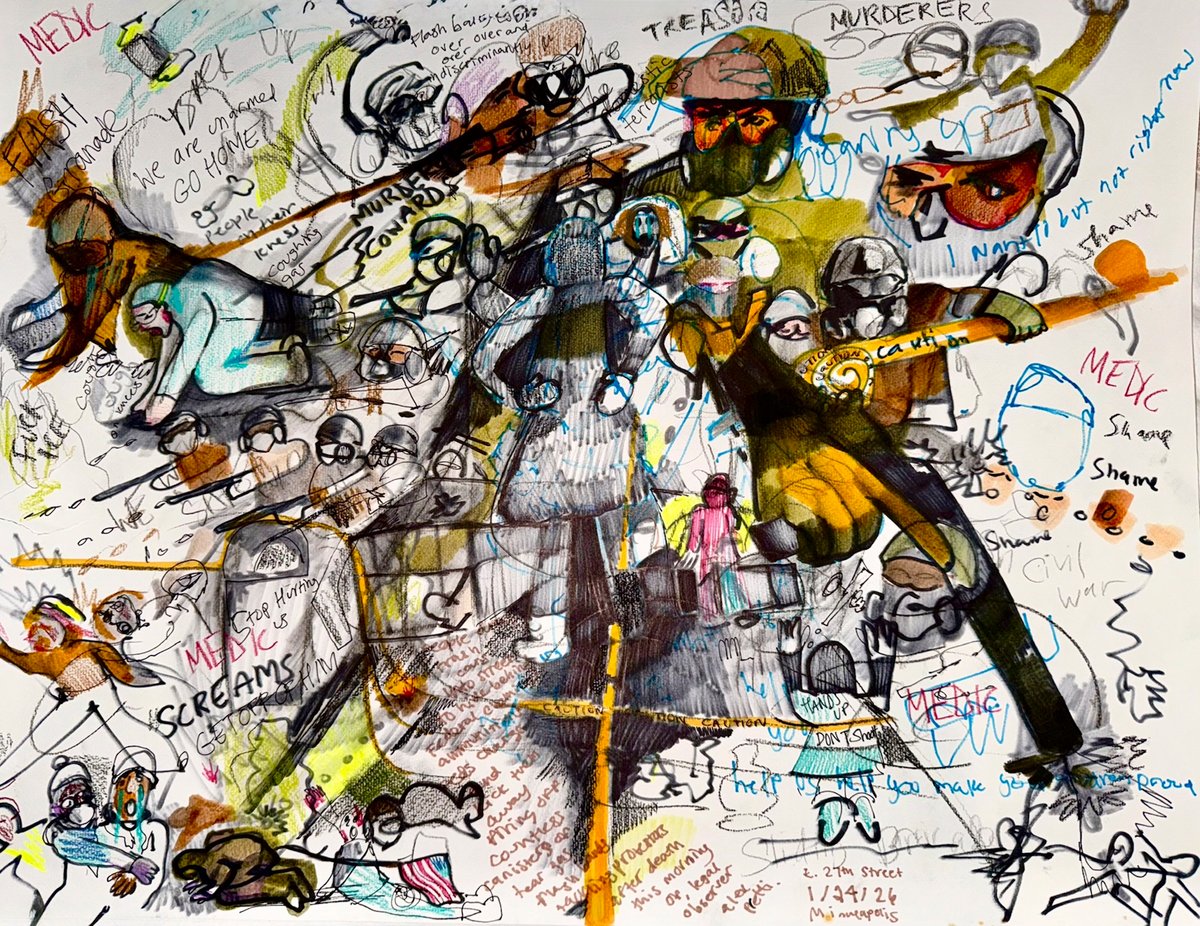 Isabelle Brourman’s Poisoning the Country’s Lungs (The Battle of Eat Street) (2026), which was made in Minneapolis during protests against violent Immigration and Customs Enforcement agents Courtesy the artist