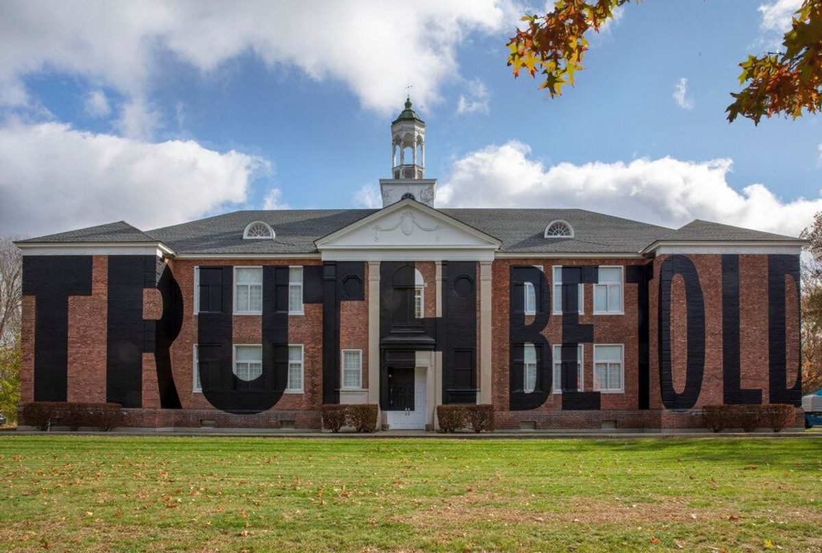 Nick Cave’s Truth Be Told installed on the façade of The School in Kinderhook, New York Photo: Courtesy of Nick Cave and Jack Shainman Gallery