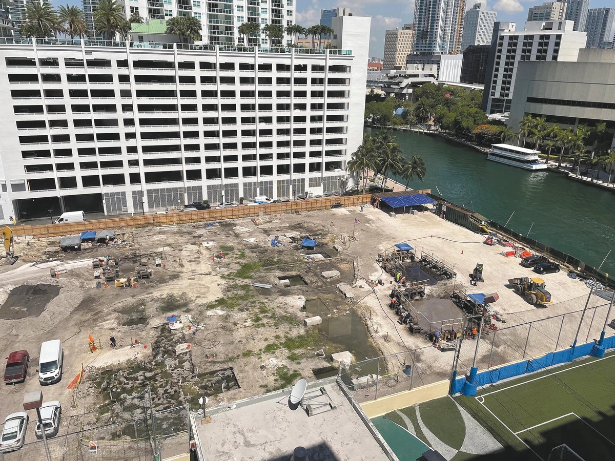 The site in Brickell, at the mouth of the Miami River, of a planned luxury hotel and residential tower. After Indigenous materials were found during demolition—some perhaps as much as 7,000 years old—the city’s Historic and Environmental Protection Board declared part of the site an archaeological landmark
Courtesy of the Archaeological and Historical Conservancy of Florida