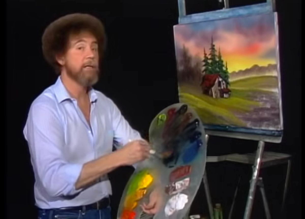Bob Ross painting the record-breaking work Cabin at Sunset (1987) on The Joy of Painting Screenshot via YouTube