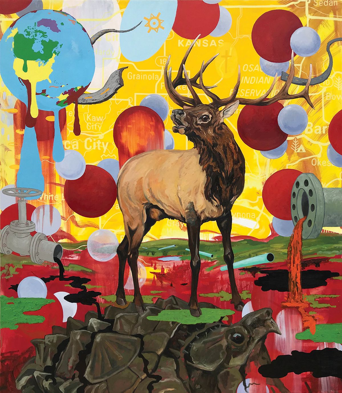 Dripping World (2020) by Norman Akers explores the forced relocation of the Osage and the destruction of their territories Photo: EG Schempf, © Norman Akers, courtesy Sherry Leedy Contemporary Art, Kansas City, Missouri