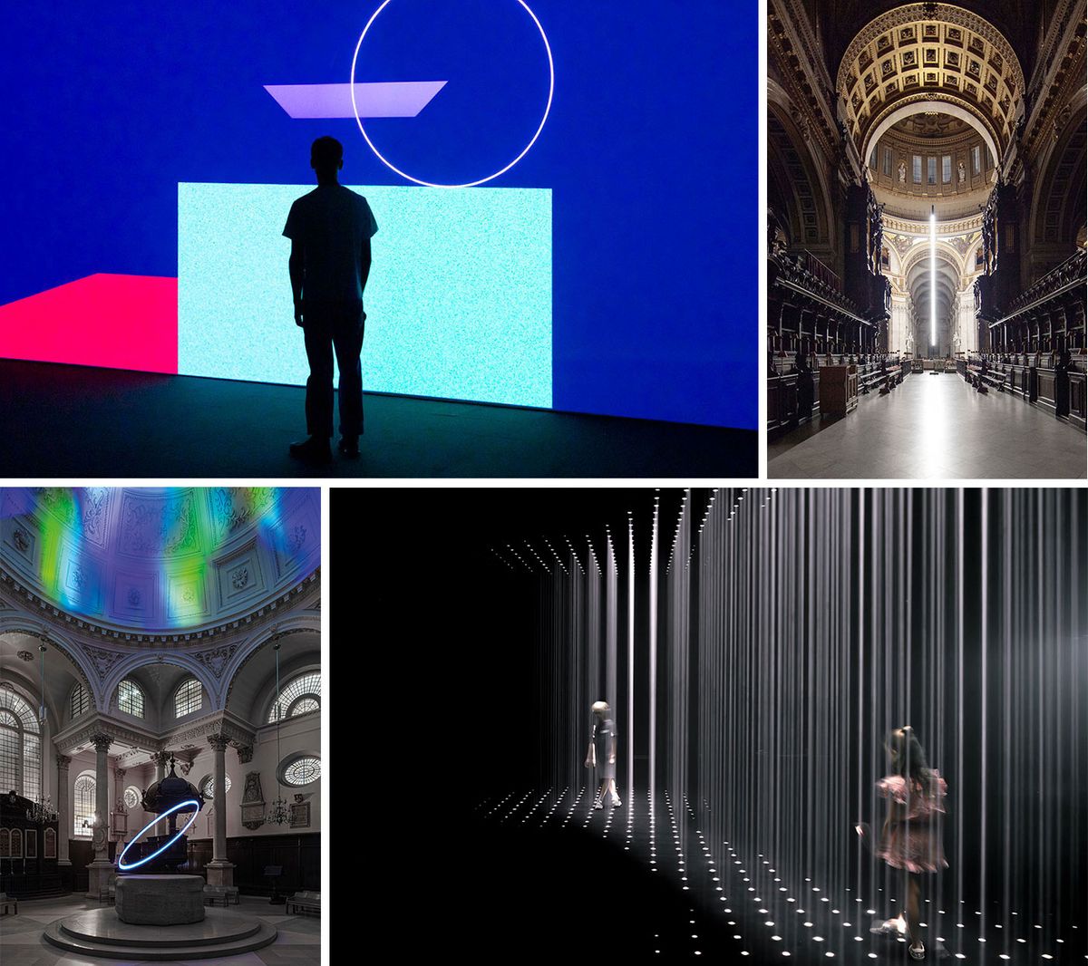 Four exhibitions this autumn that show artists in light deploying 20 years' knowledge of LEDs to serve their vision (clockwise from top left): Vanishing Point (2023), by UVA; Aura (2023), at St Paul's Cathedral, London, by Pablo Valbuena; Living Room—Variation II (2023), by Random International; Halo (2023), at Stephen Walbrook, London, by Moritz Waldemeyer Valbuena and Waldemeyer: © Ed Reeve. Random International: Riccardo De Vecchi. UVA: courtesy of the artists