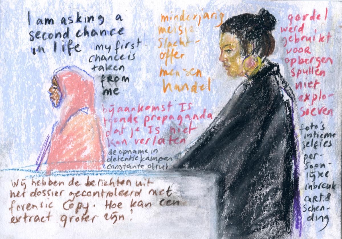 Since 2021 Aardse has also been working with a criminologist, creating pastel sketches to accompany their thesis on terrorism trials
The courtroom as a landscape drawings. Machteld Aardse / research Dr Tasniem Anwar