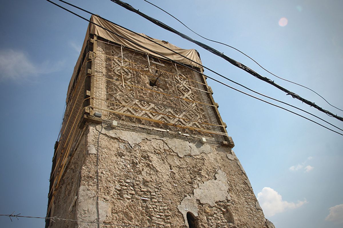 Destroyed by Isis, the “hunchback” minaret of the Al-Nuri mosque in Mosul will be rebuilt with bricks in the original 12th-century pattern. Hadani Ditmars.