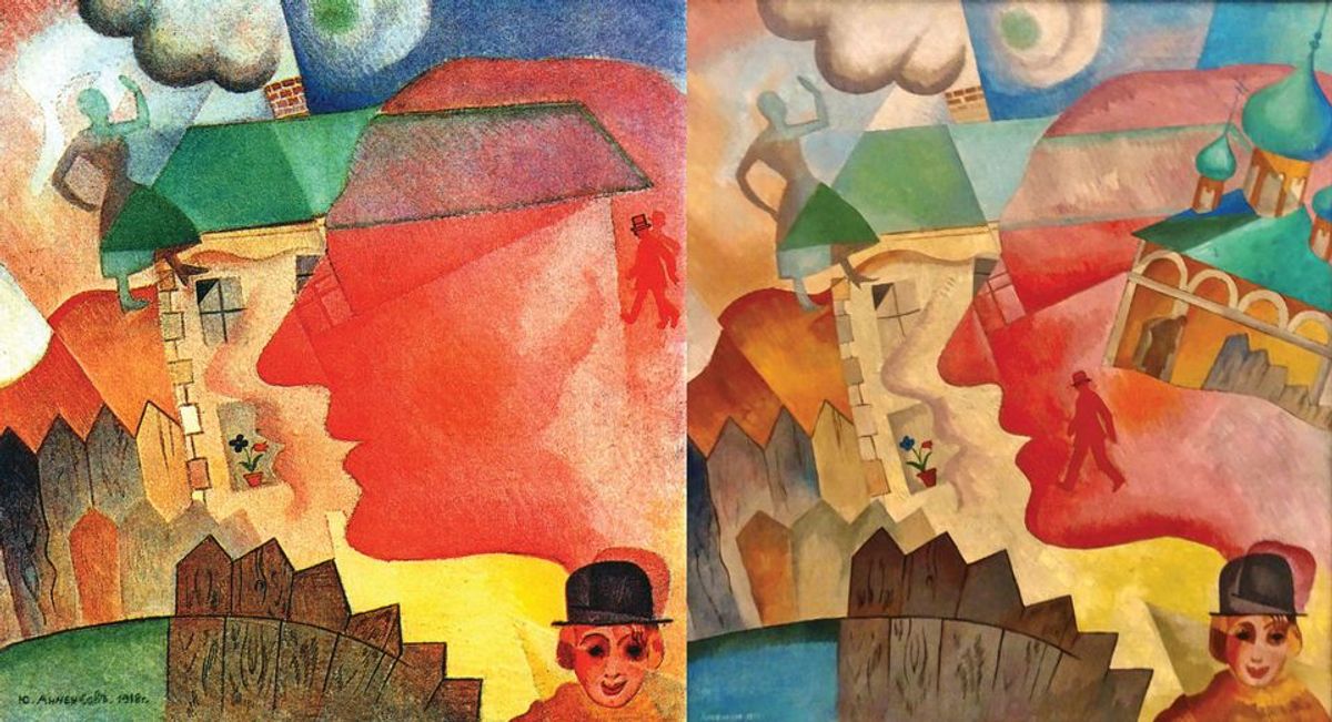 Vladimir Hofmann, the world’s leading authority on Yury Annenkov, has pointed out the striking similarity between a fully authenticated Annenkov dated 1918 (left) and a work ascribed to the artist, labelled Synthetic Landscape and dated 1919, which was on display in the Ghent show Dieleghem Foundation (Synthetic landscape)