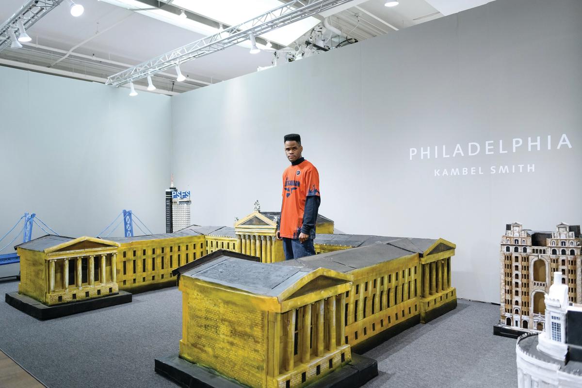 Kambel Smith with his Philadelphia Museum of Art in the booth of dealer Chris Byrne from Dallas, Texas at the Outsider Art Fair, New York, 2019 Photo: BFA/Darian DiCianno
