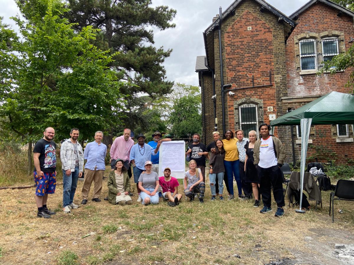 A community planning event on August 22 at Manor House Lodge, Finsbury Park, London, which will soon become The Musuem of Homelessness © Matt Turtle, courtesy Jessica Turtle