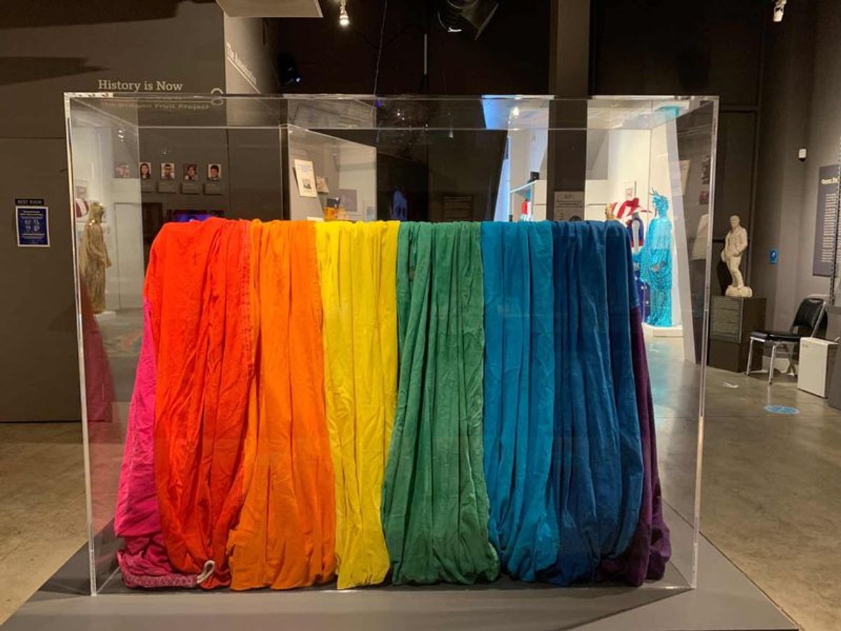 The artist Gilbert Baker preserved this 10ft by 28ft section of an original 1978 pride flag GLBT Historical Society / Courtesy of Andrew Shaffer