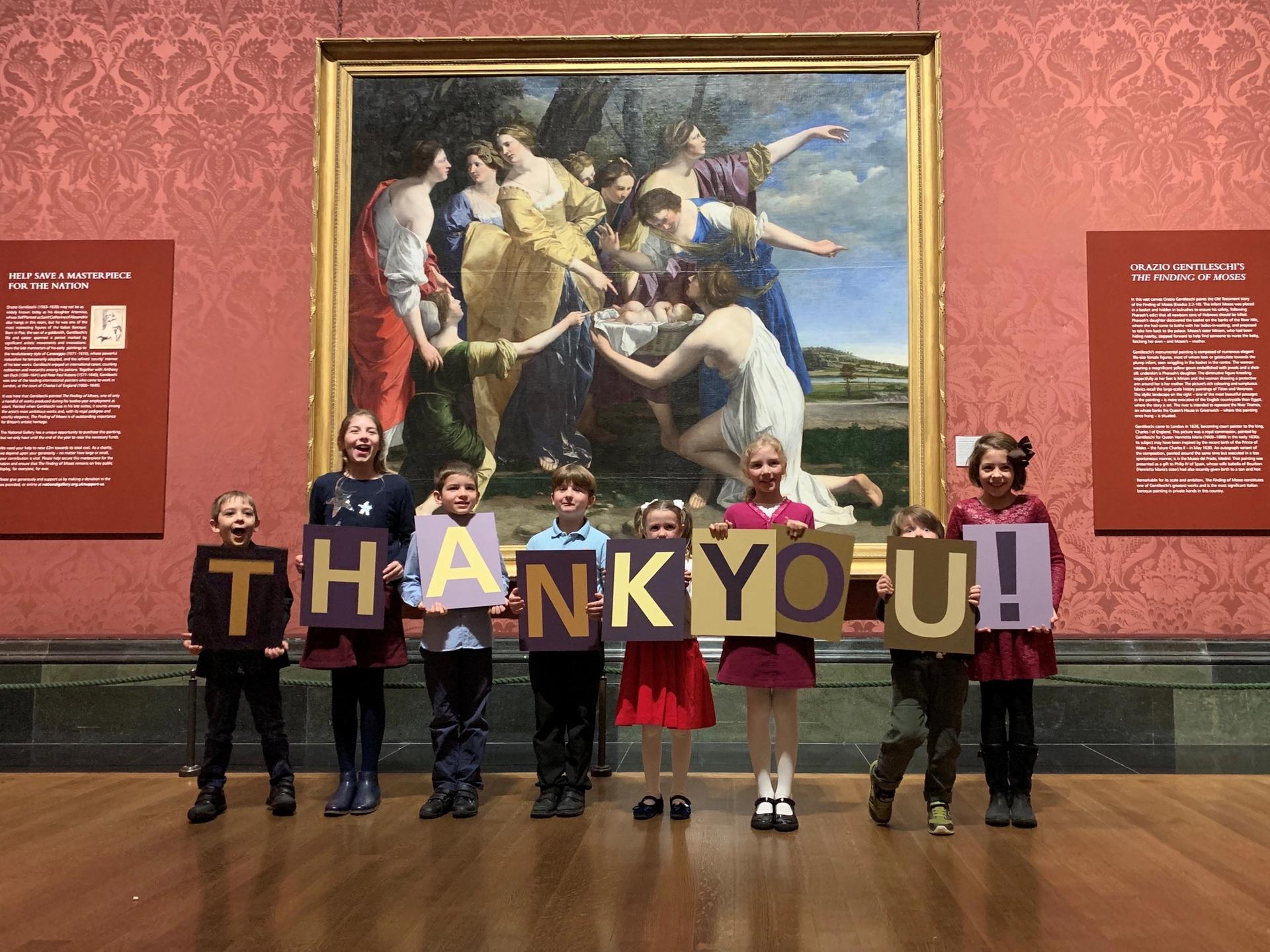Children visiting the National Gallery say thank you to the public in front of the The Finding of Moses Photo: © The National Gallery, London