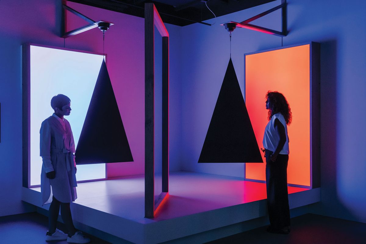 Pepper's ghost effect, triangles, cyan and red (2018), an installation by Taree Mackenzie, is part of the new permanent exhibition at the Australian Centre for the Moving Image Photo: Adam Gibson