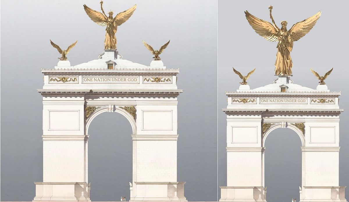 The original plan for the arch (left) and a rendering of the suggested proportions for a version that would comply with the Height of Buildings Act (right) Helen Stoilas