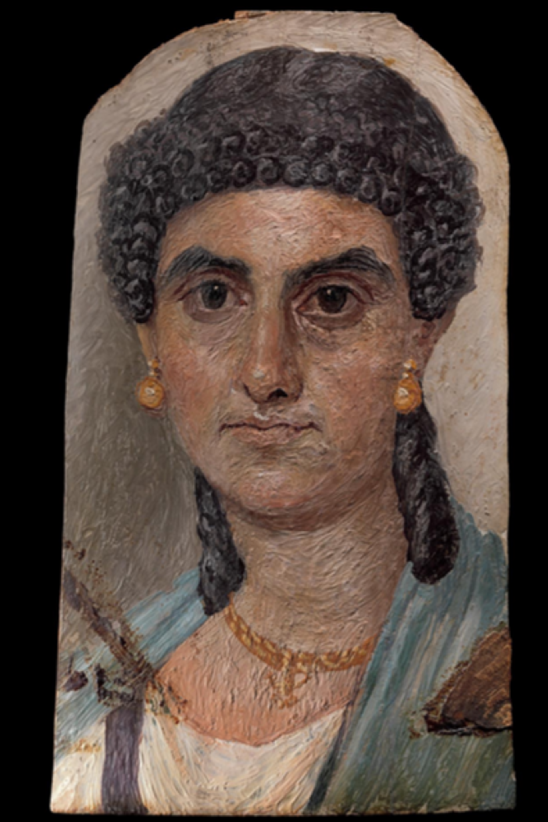 A Fayum portrait of a lady in a blue coat, dating from Nero's reign. Courtesy of the District Attorney's Office New York