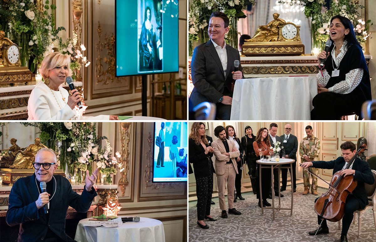At the World Economic Forum (WEF) and J. Paul Getty Trust cultural table at the Hotel Le Meurice, Paris, on 23 October, guests heard from (clockwise from top left): Bénédicte Epinay, president and chief executive of the Comité Colbert; Joseph Fowler, the head of arts and culture at WEF, and Dina Amin, CEO of the Visual Arts Commission in Saudi Arabia; the cellist Christian-Pierre La Marca; and Hans Ulrich Obrist, artistic director, Serpentine Galleries Courtesy the World Economic Forum and the J Paul Getty Trust
