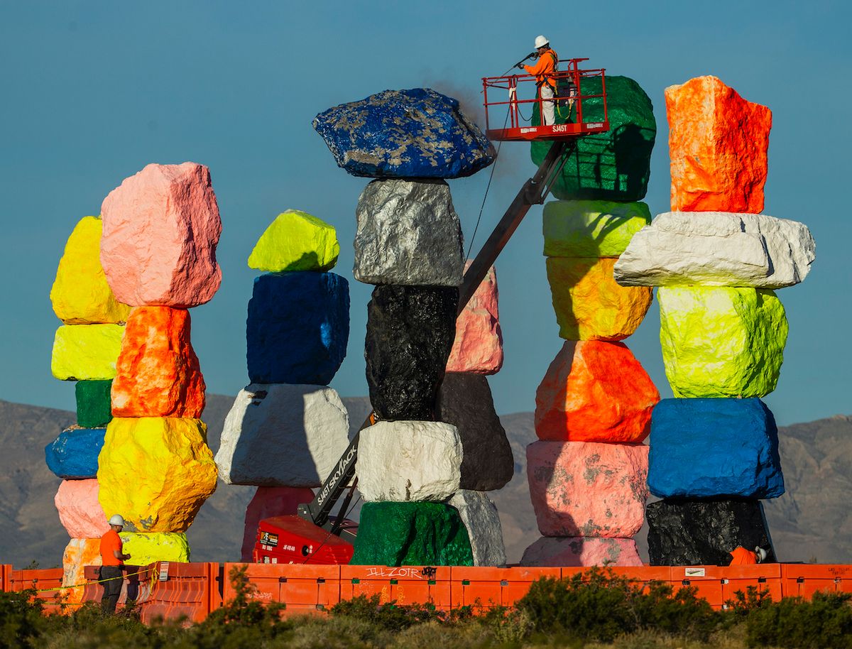 Construction on Seven Magic Mountains by Ugo Rodinone produced by Nevada Museum of Art and Art Production Fund Photo courtesy of Nevada Museum of Art