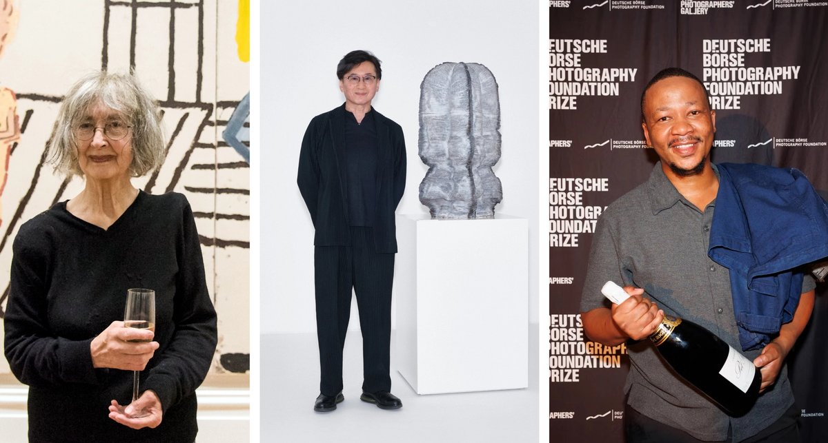 Left to right: Rose Wylie, won the John Moores Painting Prize in 2014 aged 80; Kunimasa Aoki, the 2025 winner of the Loewe Craft Prize; Lindokuhle Sobekwa, winner of the Deutsche Börse Photography Foundation Prize this year
Photo: courtesy John Moores Painting Prize, Photo: © Heather Shuker