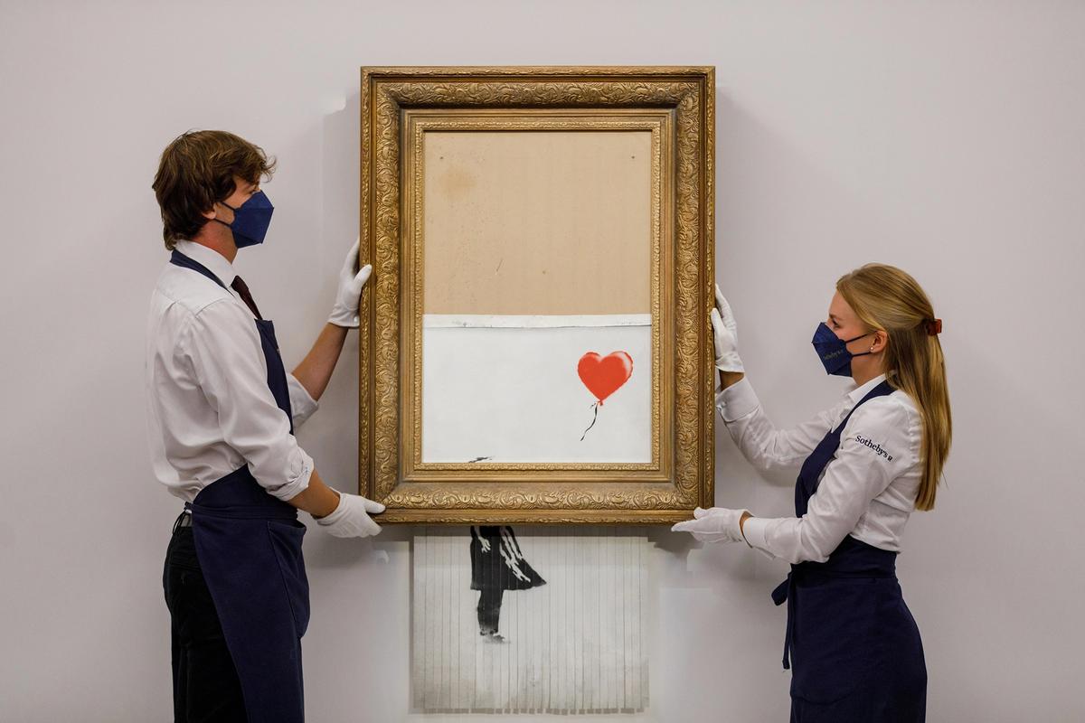 Bin there, done that: Banksy’s shredded Girl with Balloon, now called Love is in the Bin, will be auctioned tonight at Sotheby’s Courtesy of Sotheby’s
