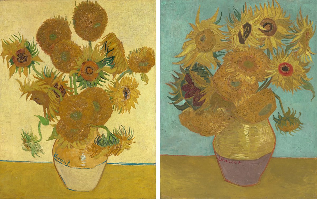 Van Gogh’s London Sunflowers (August 1888) and the Philadelphia Sunflowers (January 1889). he yellow-background London painting will be joining the turquoise-background one in Philadelphia in June 2026
National Gallery, London and Philadelphia Art Museum (known as the Philadelphia Museum of Art until October 2025)