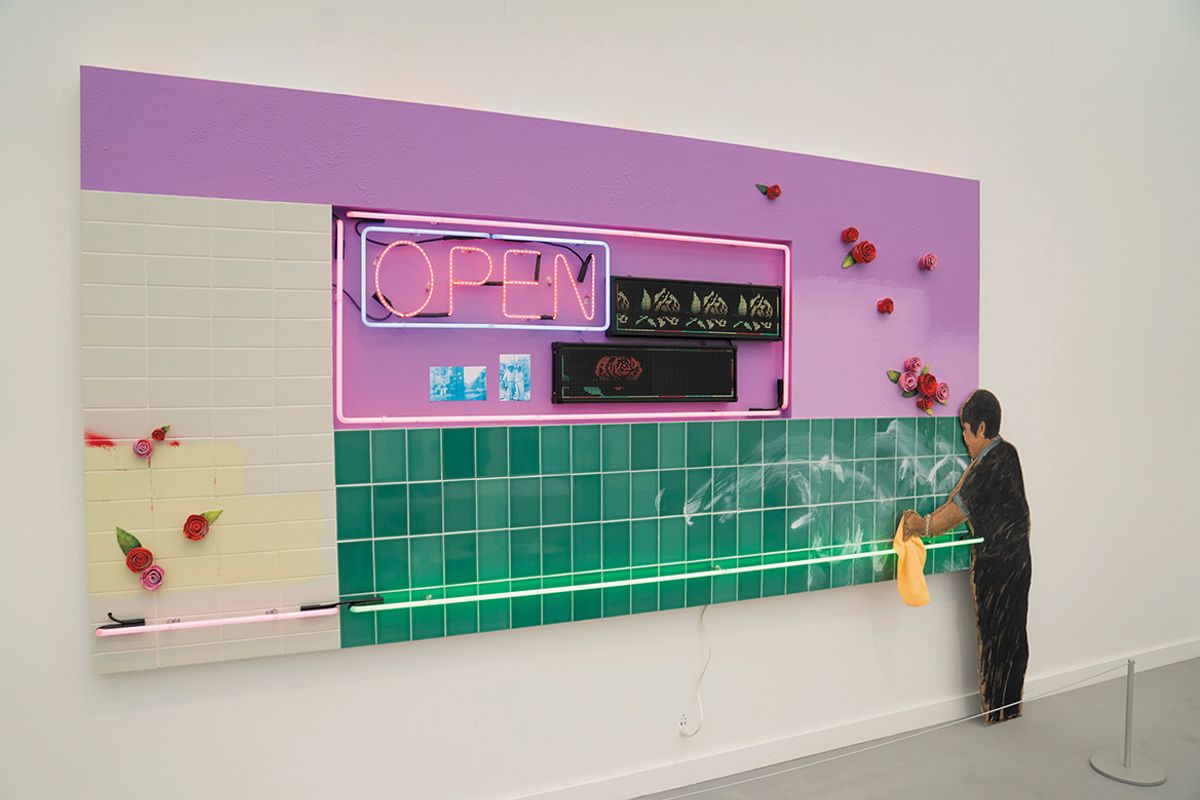 Patrick Martinez and Jay Lynn Gomez, Labor of Love, Stucco (2022), at Charlie James Gallery’s stand Photo: Eric Thayer