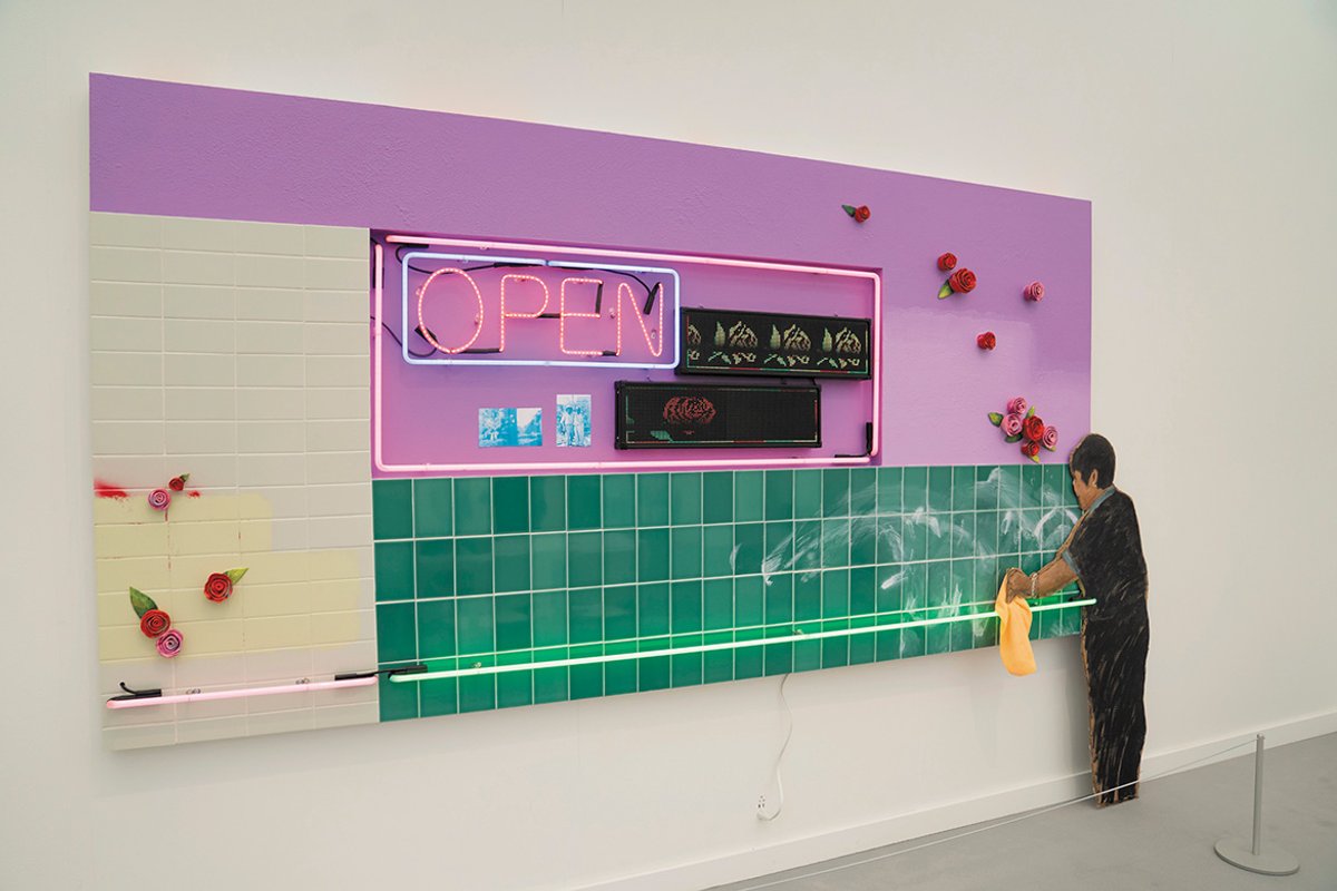 Patrick Martinez and Jay Lynn Gomez, Labor of Love, Stucco (2022), at Charlie James Gallery’s stand Photo: Eric Thayer