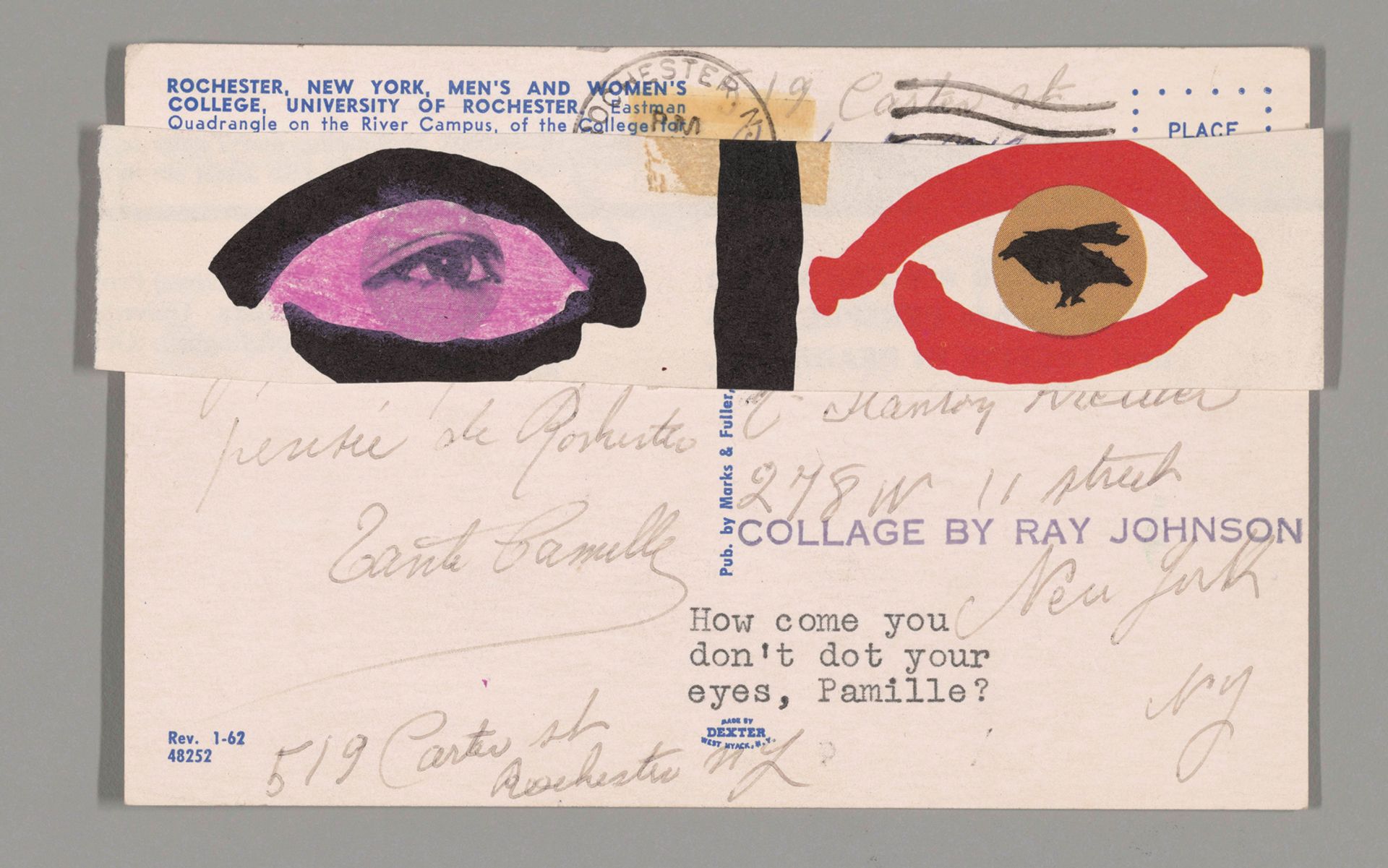 A piece of mail art by Ray Johnson, Untitled (65 02 15:10) (1965) Art Institute of Chicago, Gift of the William S. Wilson Collection of Ray Johnson. © Ray Johnson Estate.