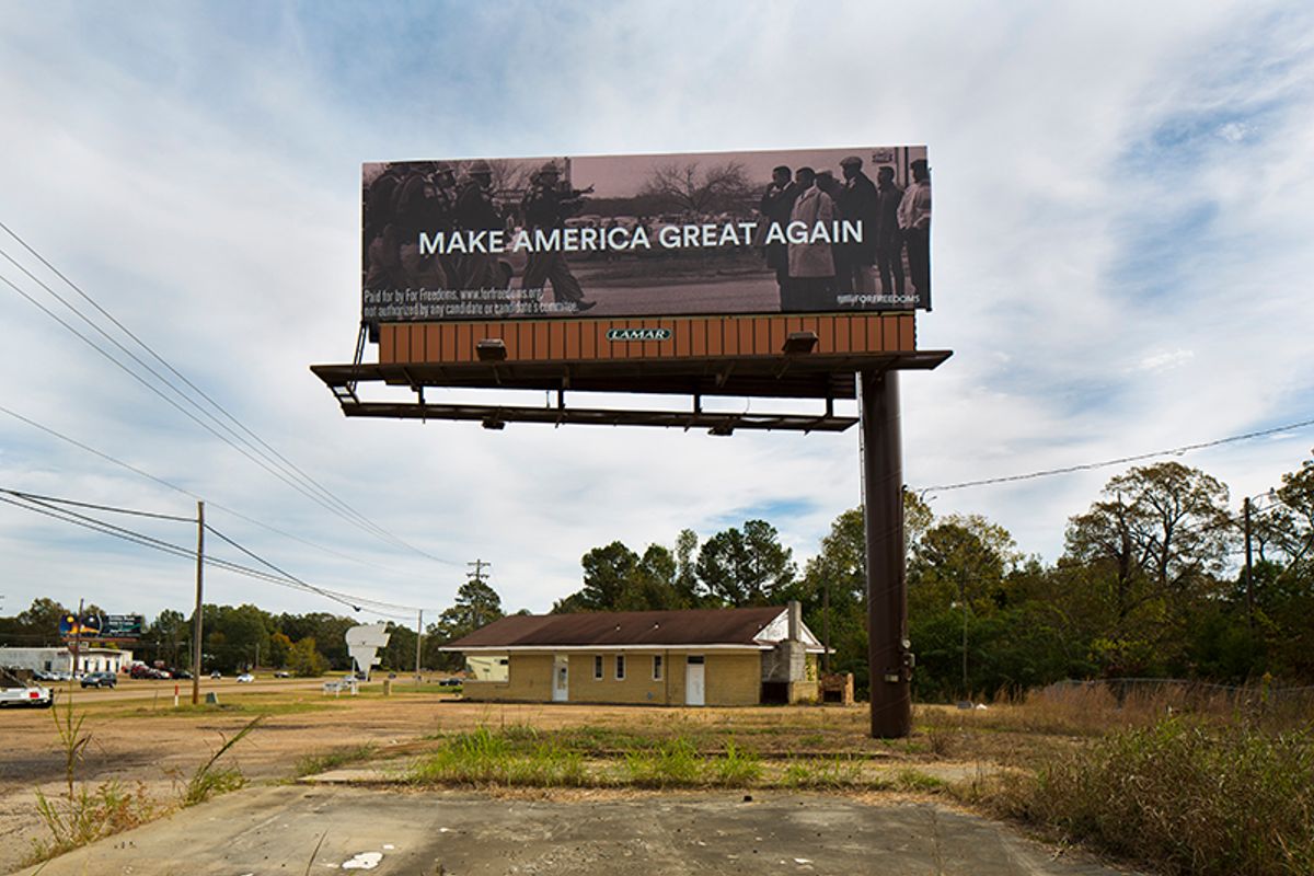 Spider Martin and For Freedoms Make America Great Again billboard, installed in Pearl, Mississippi Wyatt Gallery